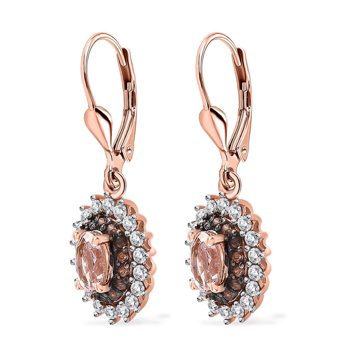 Premium Pink Morganite, Brown and White Zircon Lever Back Earrings in Vermeil Rose Gold Over Sterling Silver 2.10 ctw image number 3