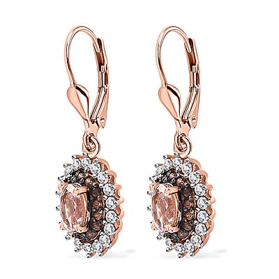 D'Joy Premium Pink Morganite, Brown and White Zircon Lever Back Earrings in Vermeil Rose Gold Over Sterling Silver 2.10 ctw