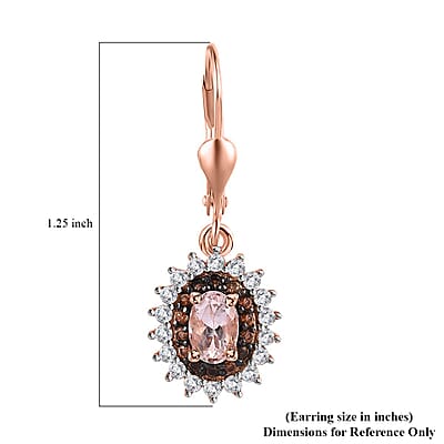 D'Joy Premium Pink Morganite, Brown and White Zircon Lever Back Earrings in Vermeil Rose Gold Over Sterling Silver 2.10 ctw