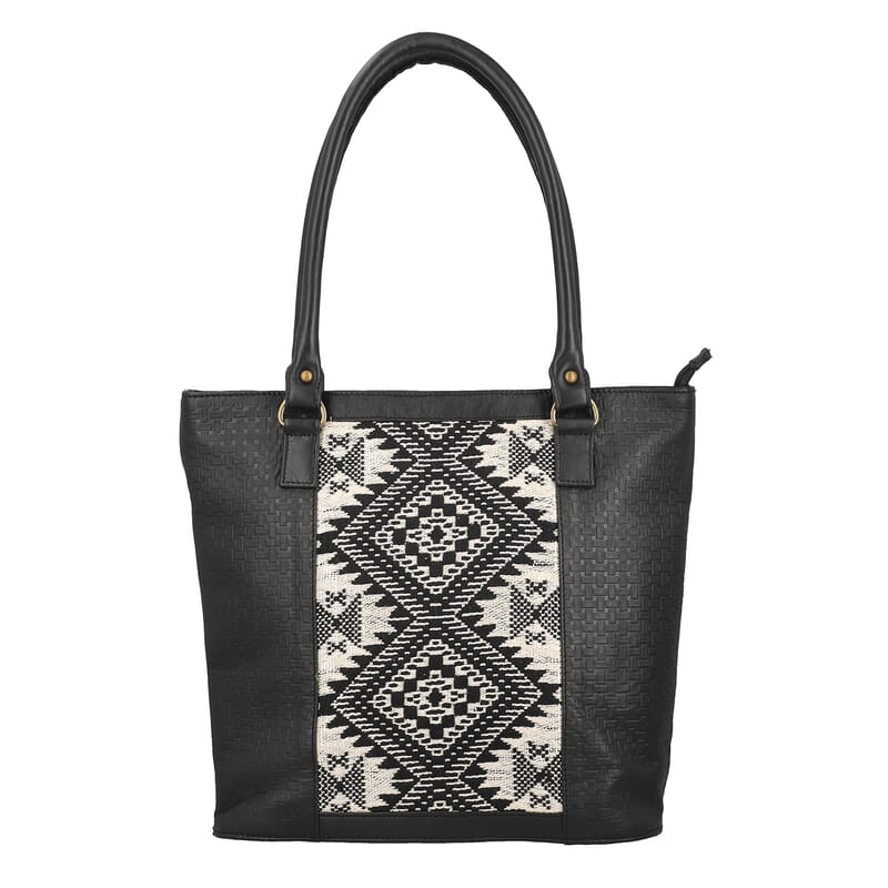 Black Genuine Leather and Colorful Fabric Shoulder Bag