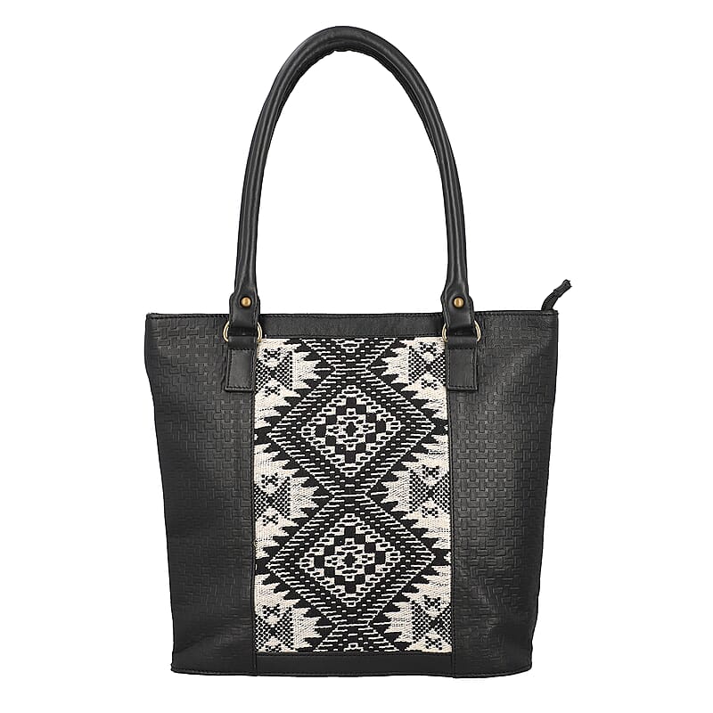 Black Genuine Leather and Colorful Fabric Shoulder Bag