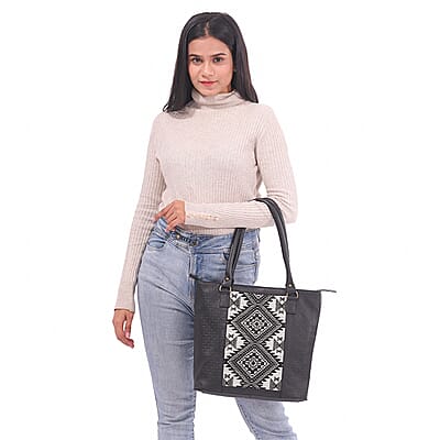 Black Genuine Leather and Colorful Fabric Shoulder Bag