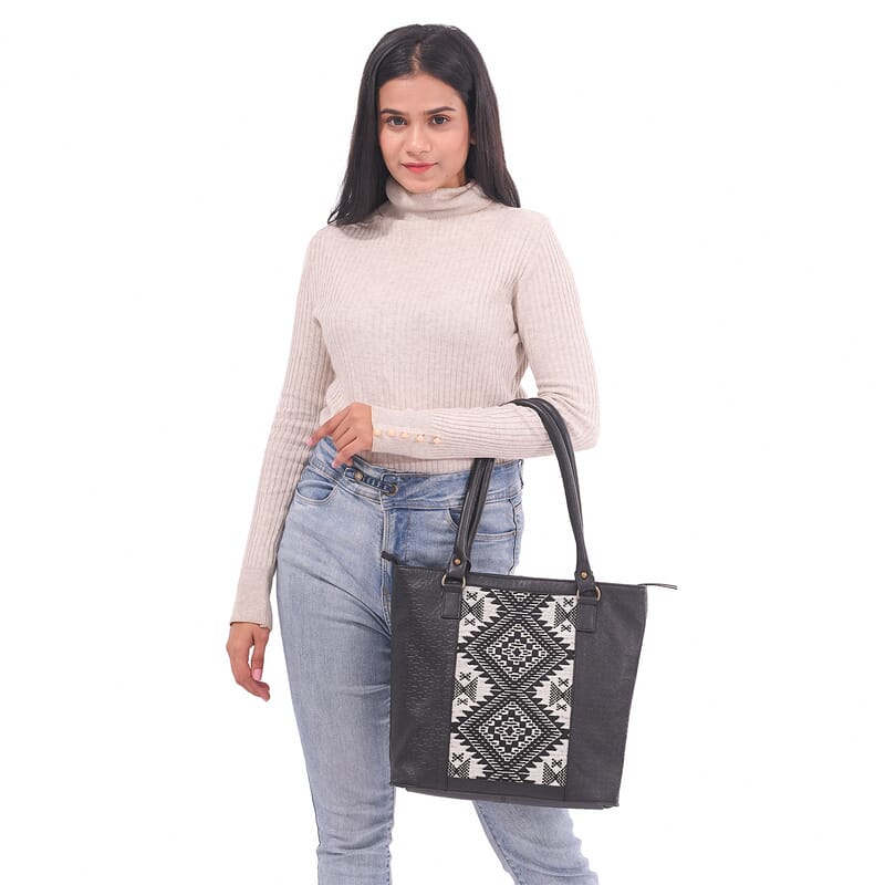 Black Genuine Leather and Colorful Fabric Shoulder Bag