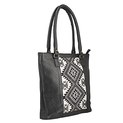 Black Genuine Leather and Colorful Fabric Shoulder Bag