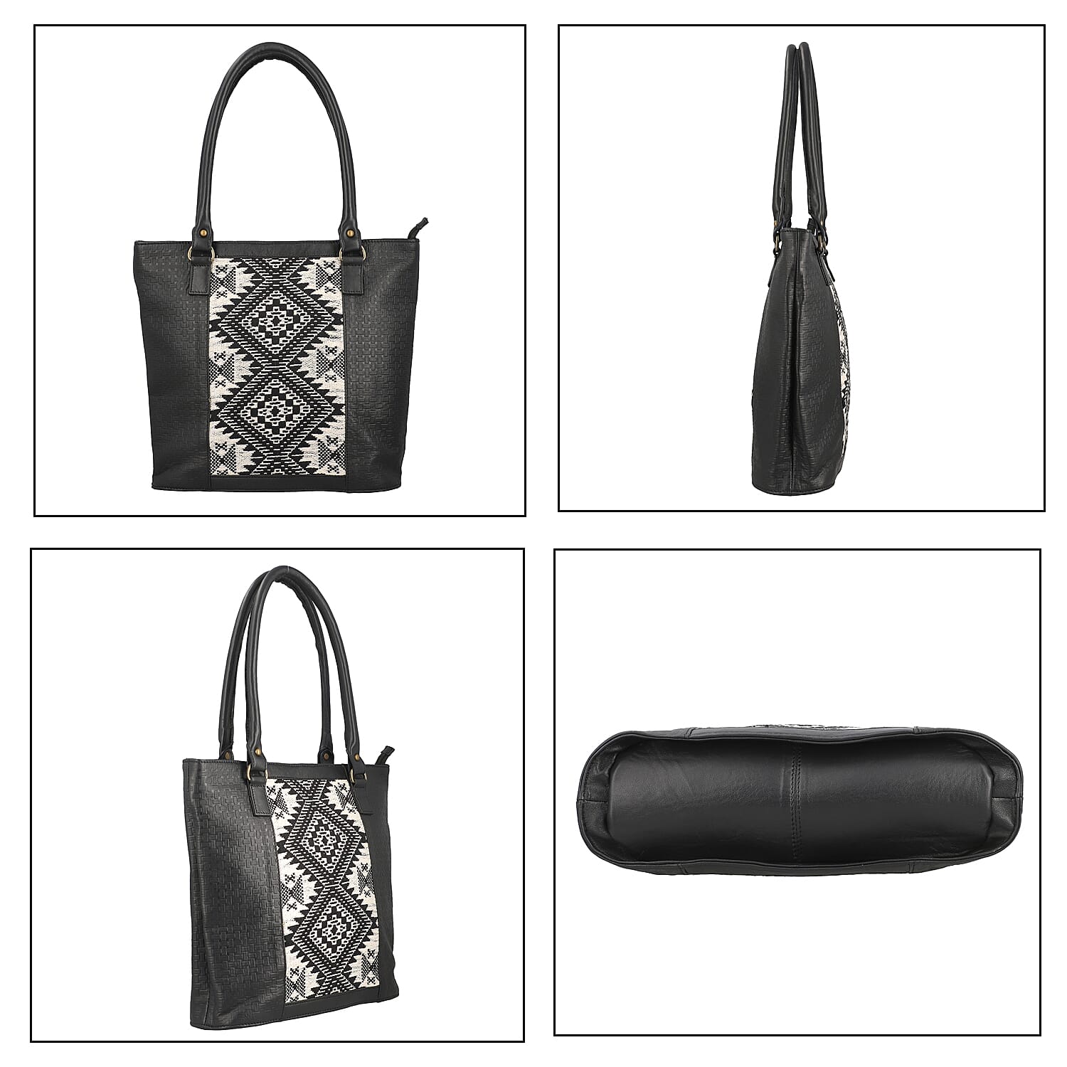 Black Genuine Leather and Colorful Fabric Shoulder Bag