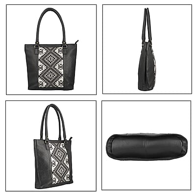 Black Genuine Leather and Colorful Fabric Shoulder Bag