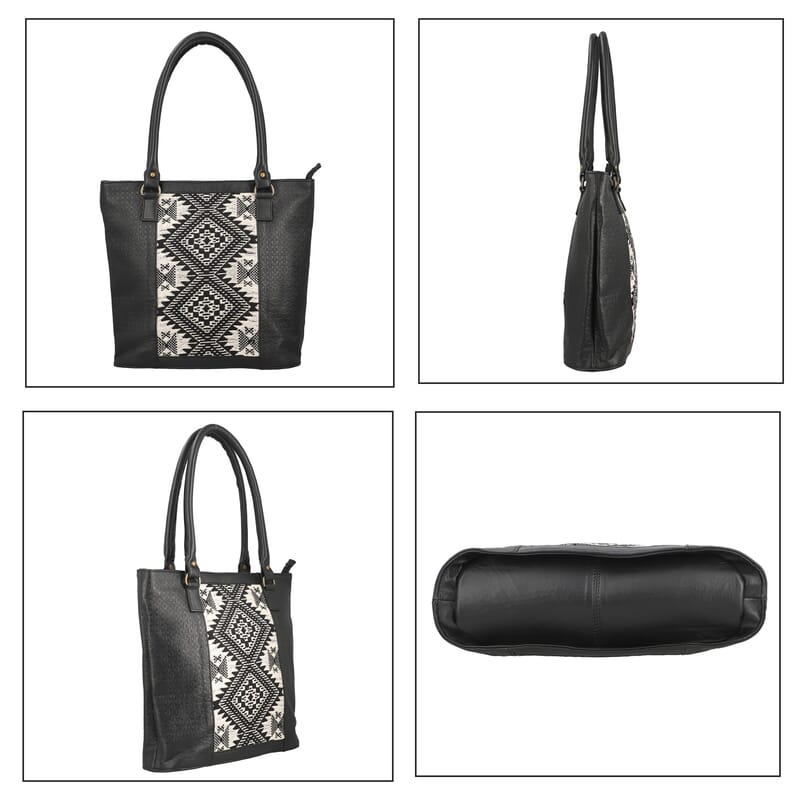 Black Genuine Leather and Colorful Fabric Shoulder Bag