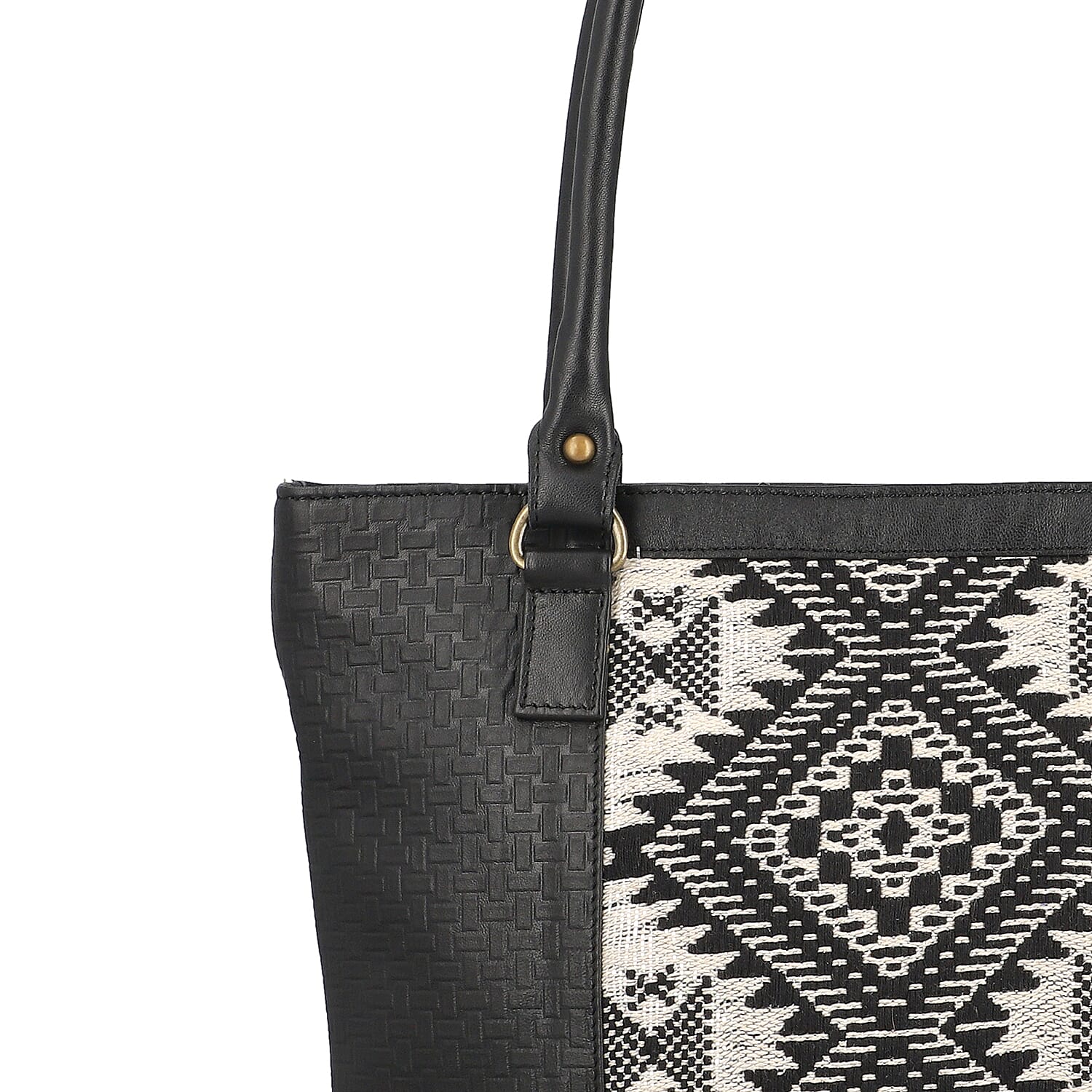 Black Genuine Leather and Colorful Fabric Shoulder Bag