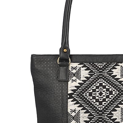 Black Genuine Leather and Colorful Fabric Shoulder Bag