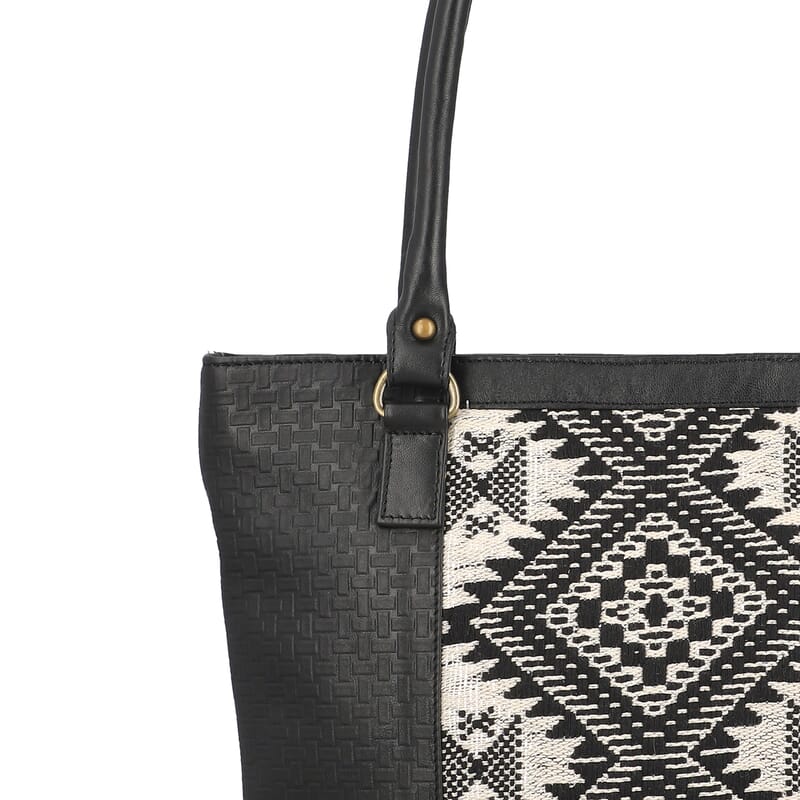 Black Genuine Leather and Colorful Fabric Shoulder Bag