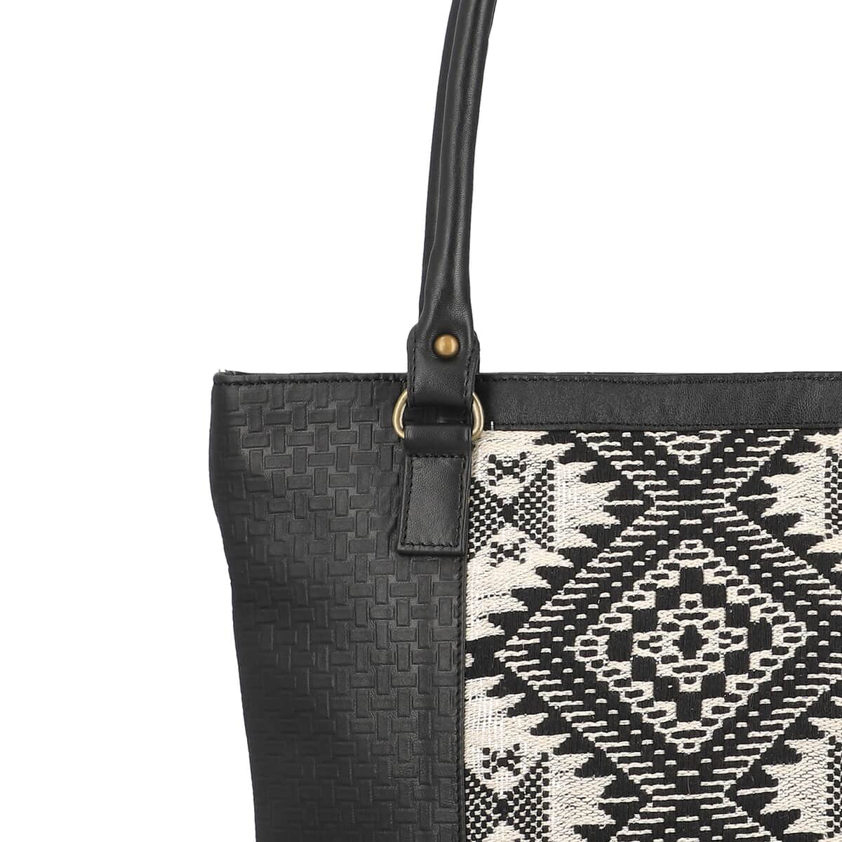 Black Genuine Leather and Colorful Fabric Shoulder Bag (11.4"x4.72"x11.8") image number 5