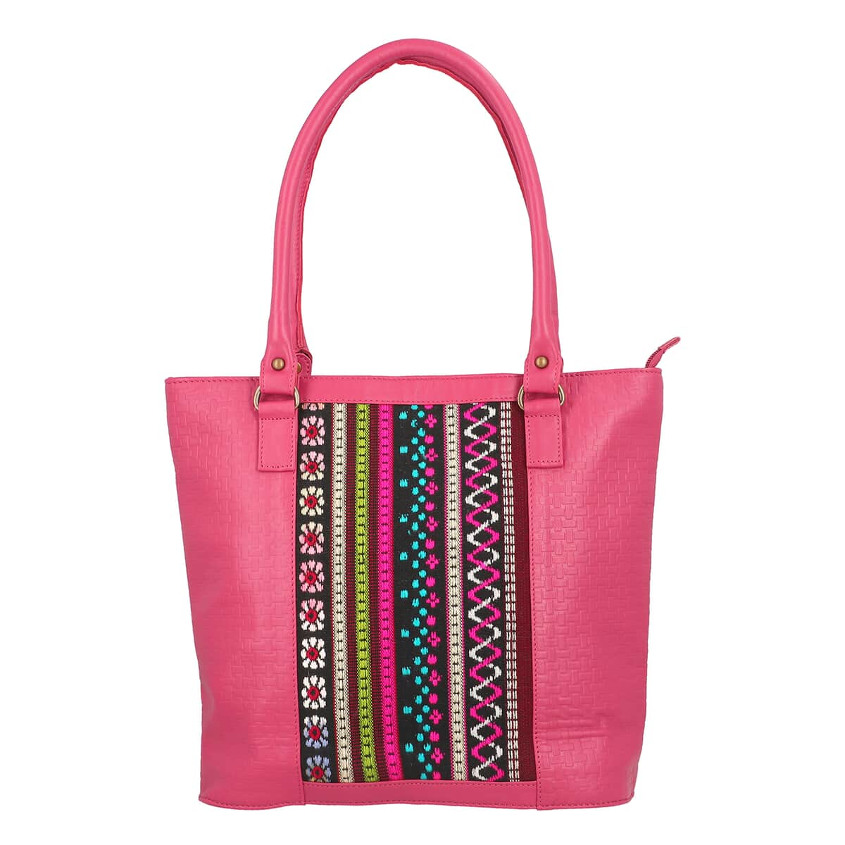 Pink Genuine Leather and Colorful Fabric Shoulder Bag image number 0