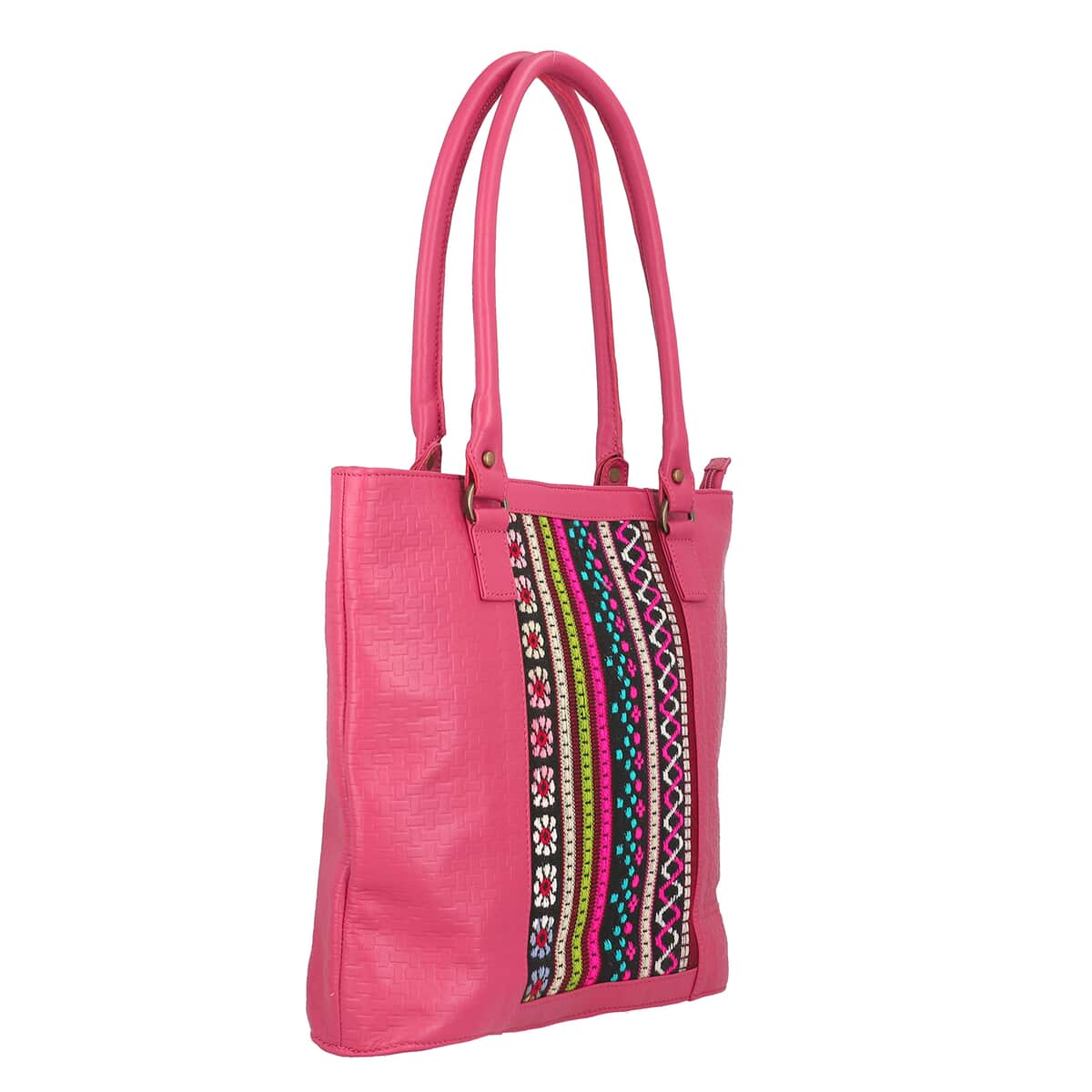 Pink Genuine Leather and Colorful Fabric Shoulder Bag image number 2
