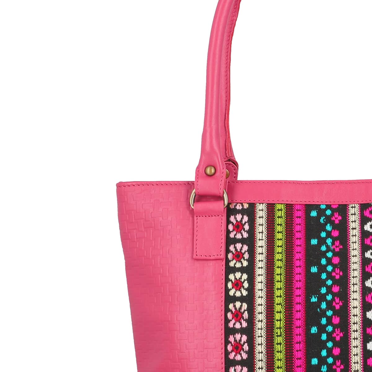 Pink Genuine Leather and Colorful Fabric Shoulder Bag image number 5