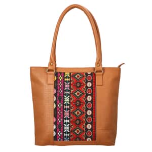 Tan Genuine Leather and Colorful Fabric Shoulder Bag