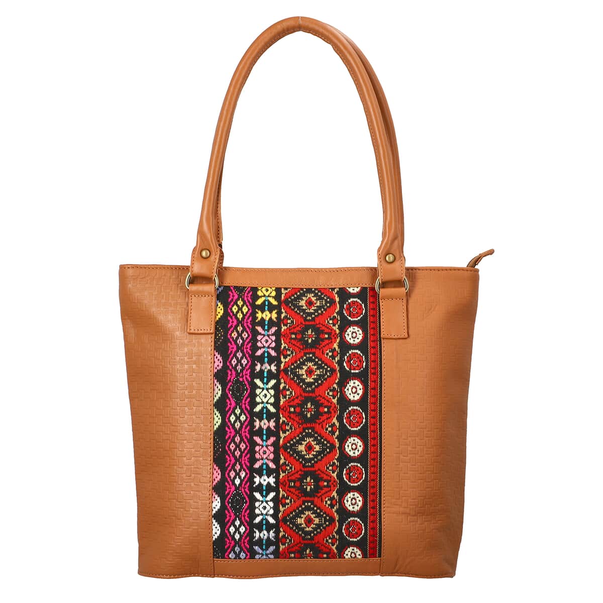 Tan Genuine Leather and Colorful Fabric Shoulder Bag image number 0