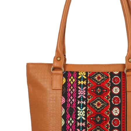 Tan Genuine Leather and Colorful Fabric Shoulder Bag image number 5