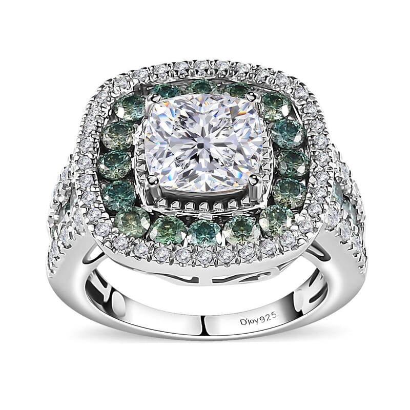120 Facet White Moissanite and Blue Moissanite Ring in Platinum Over Sterling Silver (Size 10.0) 4.50 ctw