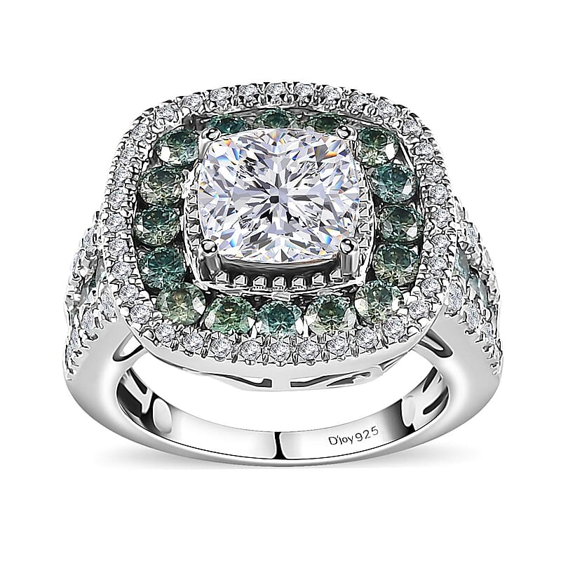 120 Facet White Moissanite and Blue Moissanite Ring in Platinum Over Sterling Silver (Size 10.0) 4.50 ctw
