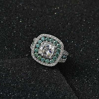 120 Facet White Moissanite and Blue Moissanite Ring in Platinum Over Sterling Silver (Size 10.0) 4.50 ctw