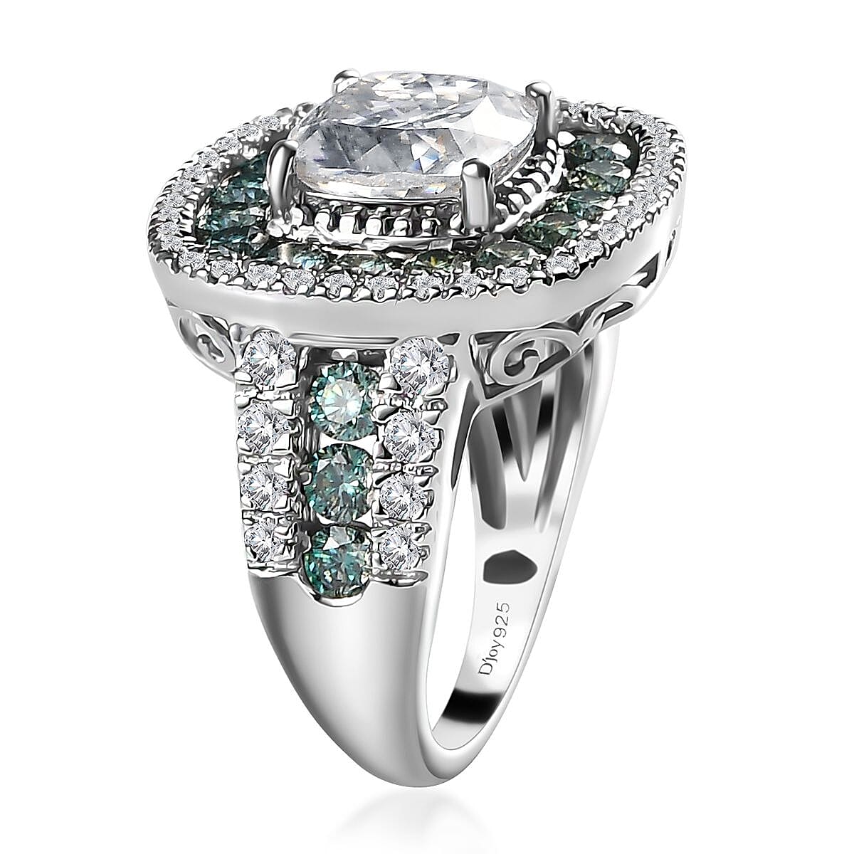 Moissanite (Cush 8x8mm), Blue Moissanite Ring in Platinum Over Sterling Silver (Size 10.0) 4.50 ctw image number 3