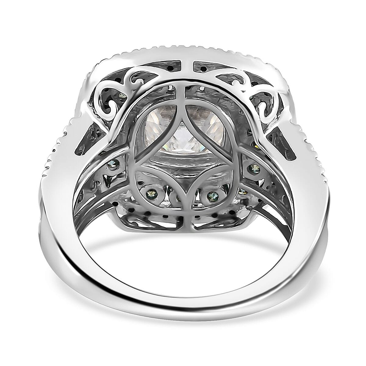 Moissanite (Cush 8x8mm), Blue Moissanite Ring in Platinum Over Sterling Silver (Size 10.0) 4.50 ctw image number 4