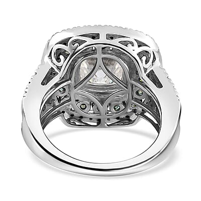 120 Facet White Moissanite and Blue Moissanite Ring in Platinum Over Sterling Silver (Size 10.0) 4.50 ctw