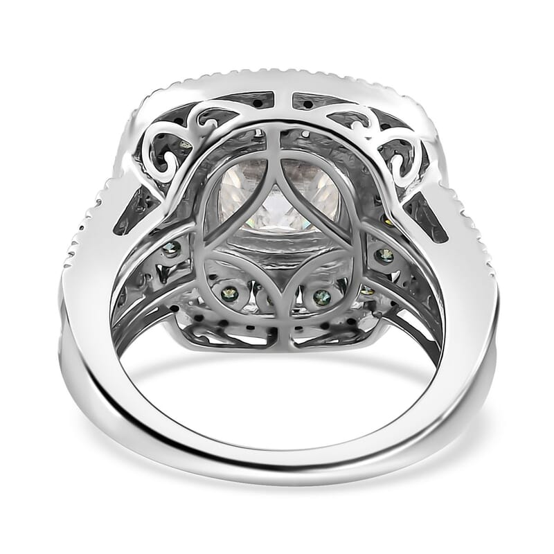 120 Facet White Moissanite and Blue Moissanite Ring in Platinum Over Sterling Silver (Size 10.0) 4.50 ctw