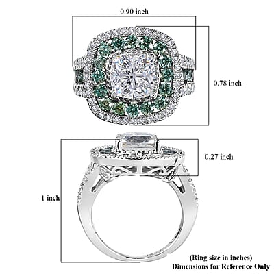 120 Facet White Moissanite and Blue Moissanite Ring in Platinum Over Sterling Silver (Size 10.0) 4.50 ctw