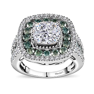 120 Facet White Moissanite and Blue Moissanite Ring in Platinum Over Sterling Silver (Size 8.0) 4.50 ctw