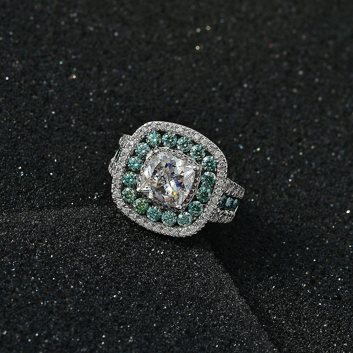120 Facet White Moissanite and Blue Moissanite Ring in Platinum Over Sterling Silver (Size 8.0) 4.50 ctw image number 1