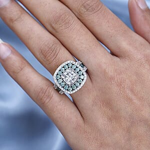 120 Facet White Moissanite and Blue Moissanite Ring in Platinum Over Sterling Silver (Size 8.0) 4.50 ctw