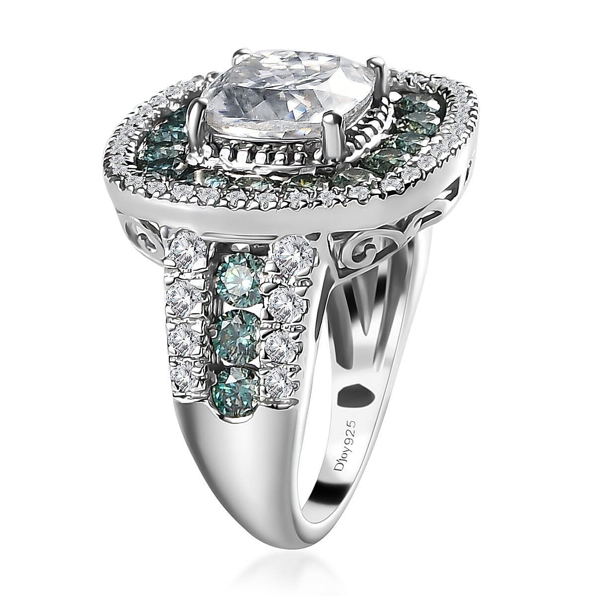 120 Facet White Moissanite and Blue Moissanite Ring in Platinum Over Sterling Silver (Size 8.0) 4.50 ctw image number 3