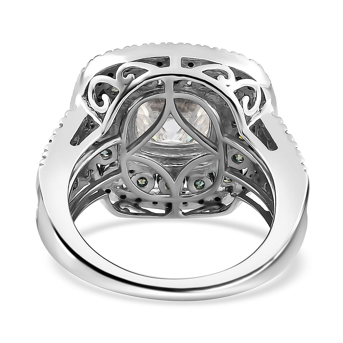 120 Facet White Moissanite and Blue Moissanite Ring in Platinum Over Sterling Silver (Size 8.0) 4.50 ctw image number 4