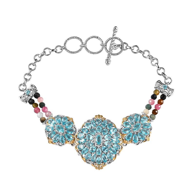 Betroka Blue Apatite and Multi-Tourmaline 14.60 ctw Toggle Clasp Bracelet in Vermeil YG and Platinum Over Sterling Silver (6.50-8.50In)