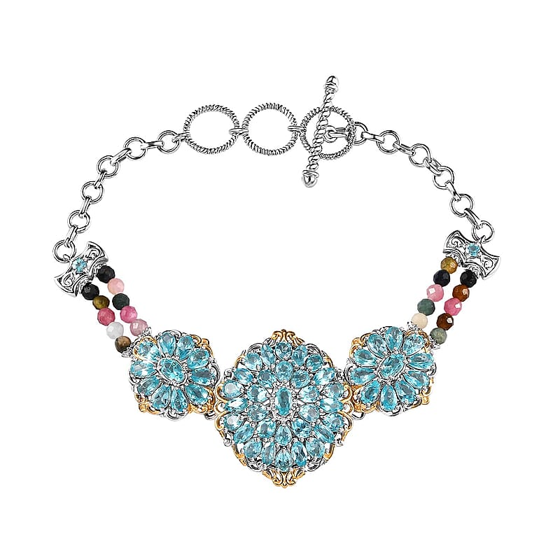 Betroka Blue Apatite and Multi-Tourmaline 14.60 ctw Toggle Clasp Bracelet in Vermeil YG and Platinum Over Sterling Silver (6.50-8.50In)