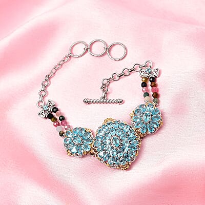 Betroka Blue Apatite and Multi-Tourmaline 14.60 ctw Toggle Clasp Bracelet in Vermeil YG and Platinum Over Sterling Silver (6.50-8.50In)
