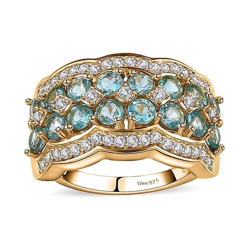 Madagascar Paraiba Apatite and Moissanite Cluster Ring in Vermeil Yellow Gold Over Sterling Silver (Size 10.0) 2.65 ctw