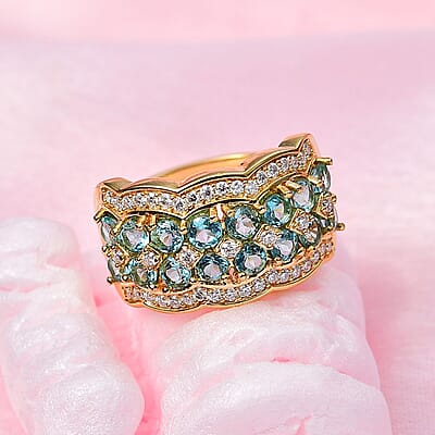 Madagascar Paraiba Apatite and Moissanite Cluster Ring in Vermeil Yellow Gold Over Sterling Silver (Size 10.0) 2.65 ctw