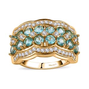 Madagascar Paraiba Apatite and Moissanite Cluster Ring in Vermeil Yellow Gold Over Sterling Silver (Size 5.0) 2.65 ctw