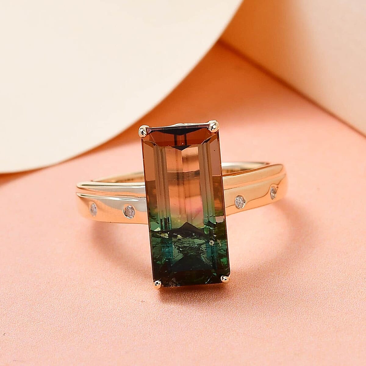 Luxoro 10K Yellow Gold Premium Watermelon Tourmaline and G-H I3 Diamond Ring (Size 8.0) 5.90 ctw image number 1