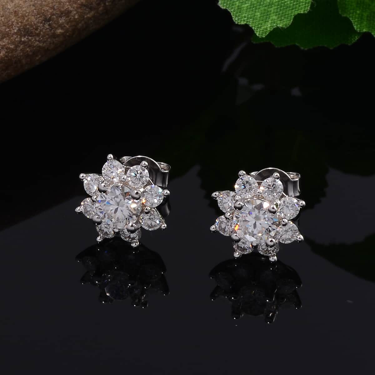 Moissanite (Rnd 5mm) Halo Stud Earrings in Platinum Over Sterling Silver 1.85 ctw image number 1