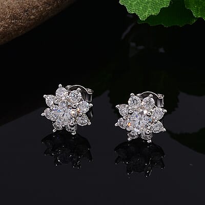 Moissanite (Rnd 5mm) Halo Stud Earrings in Platinum Over Sterling Silver 1.85 ctw