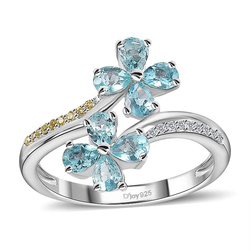Betroka Blue Apatite and Multi Gemstone 1.50 ctw Flower Bypass Ring in Platinum Over Sterling Silver (Size 10.0)