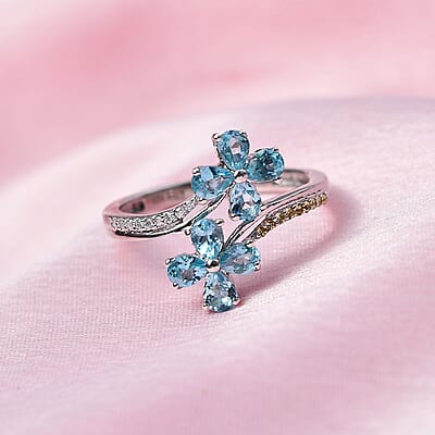 Betroka Blue Apatite and Multi Gemstone 1.50 ctw Flower Bypass Ring in Platinum Over Sterling Silver (Size 10.0)