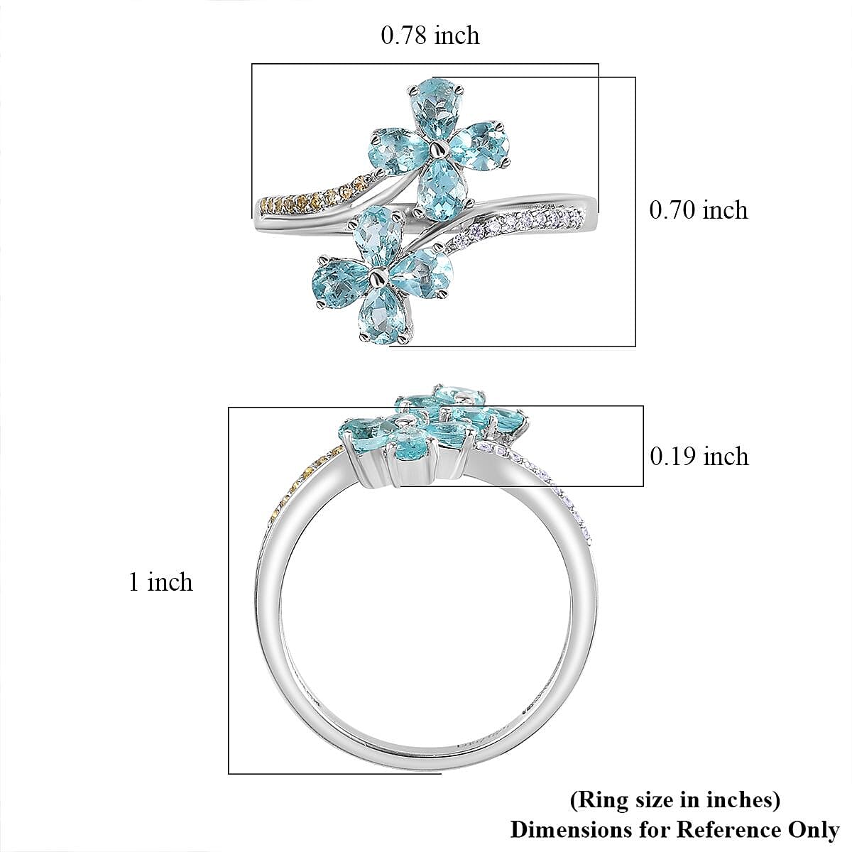 Betroka Blue Apatite and Multi Gemstone 1.50 ctw Flower Bypass Ring in Platinum Over Sterling Silver (Size 10.0) image number 4