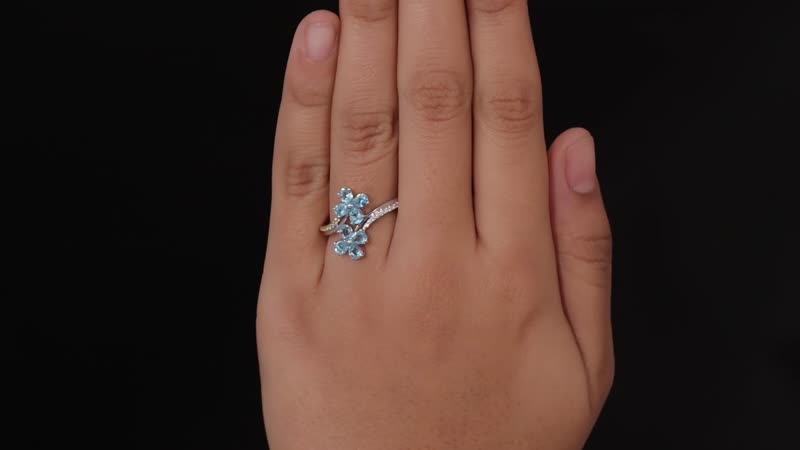 Betroka Blue Apatite, Multi Gemstone Flower Bypass Ring in Platinum Over Sterling Silver (Size 10.0) 1.50 ctw