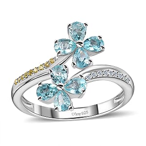 Madagascar Paraiba Apatite and Multi Gemstone Flower Bypass Ring in Platinum Over Sterling Silver (Size 7.0) 1.50 ctw