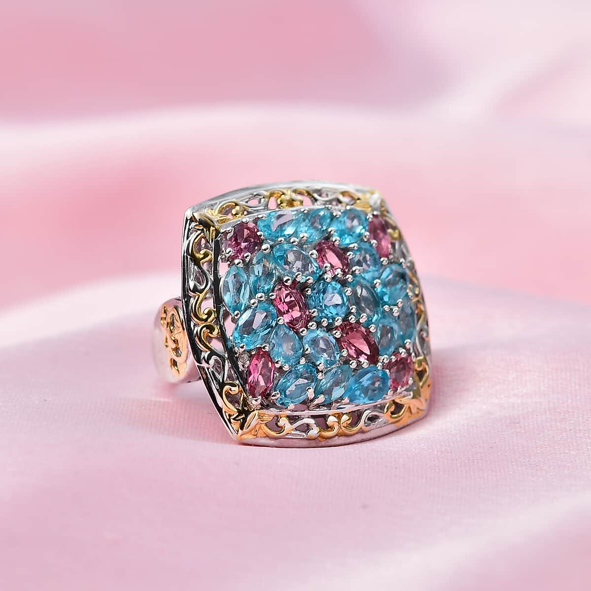 Madagascar Paraiba Apatite, Pink Tourmaline and Diamond Ring in Vermeil YG and Platinum Over Sterling Silver (Size 10.0) 5.15 ctw image number 1