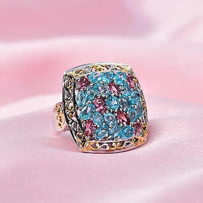 Madagascar Paraiba Apatite, Pink Tourmaline and Diamond Ring in Vermeil YG and Platinum Over Sterling Silver (Size 10.0) 5.15 ctw